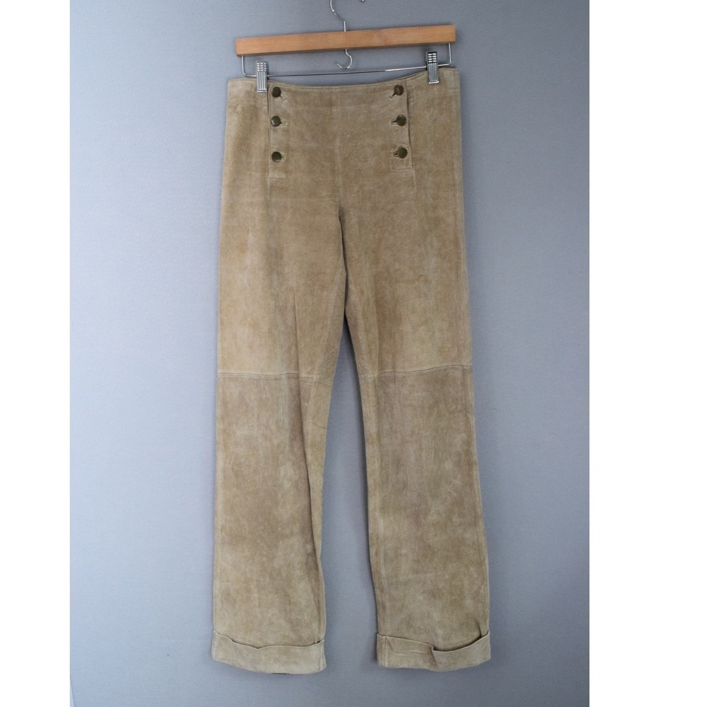 Y2K Arden B Suede Leather Pants 4 Tan Sailor Front Cuffed Womens Boot Leg Boho